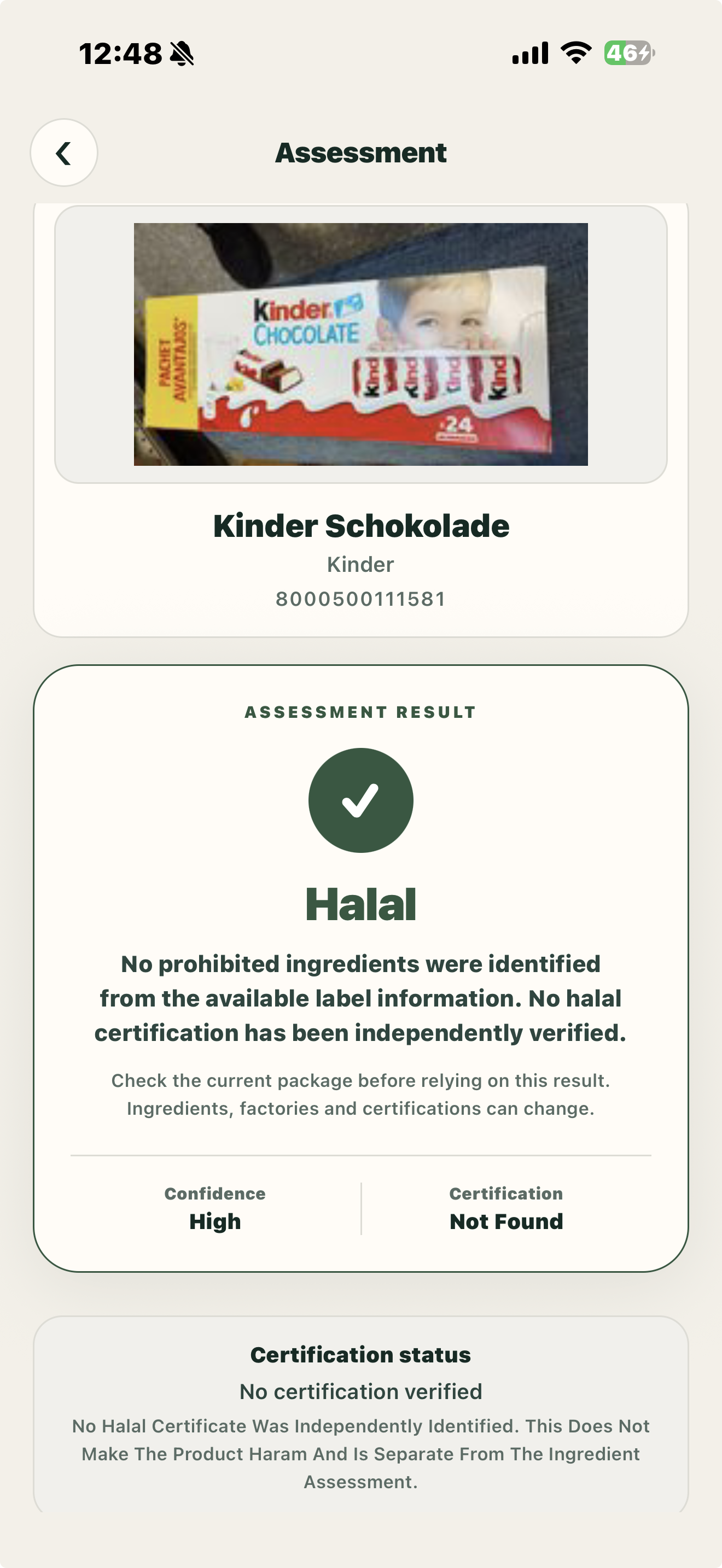 Halalio product assessment showing a Halal result